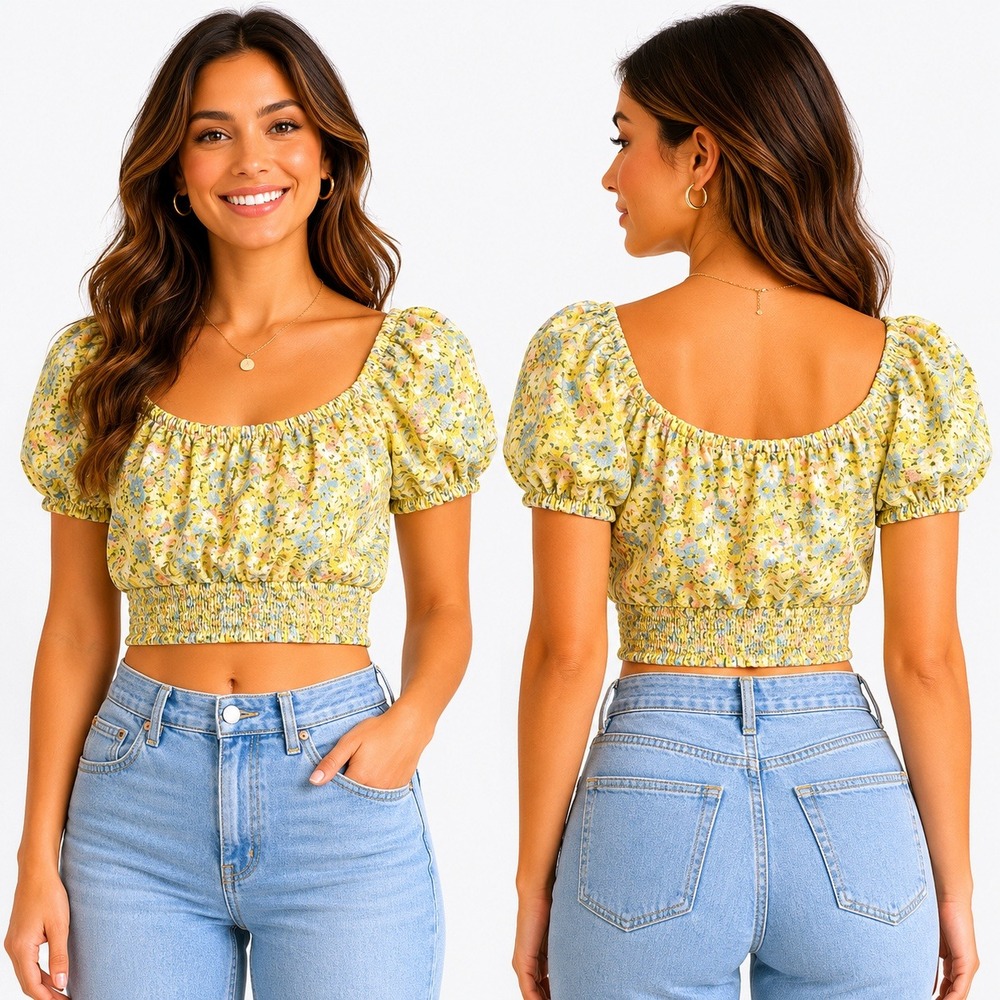 American Eagle Crop Top Womens S Yellow Floral Smocked Puff Sleeve Blouse